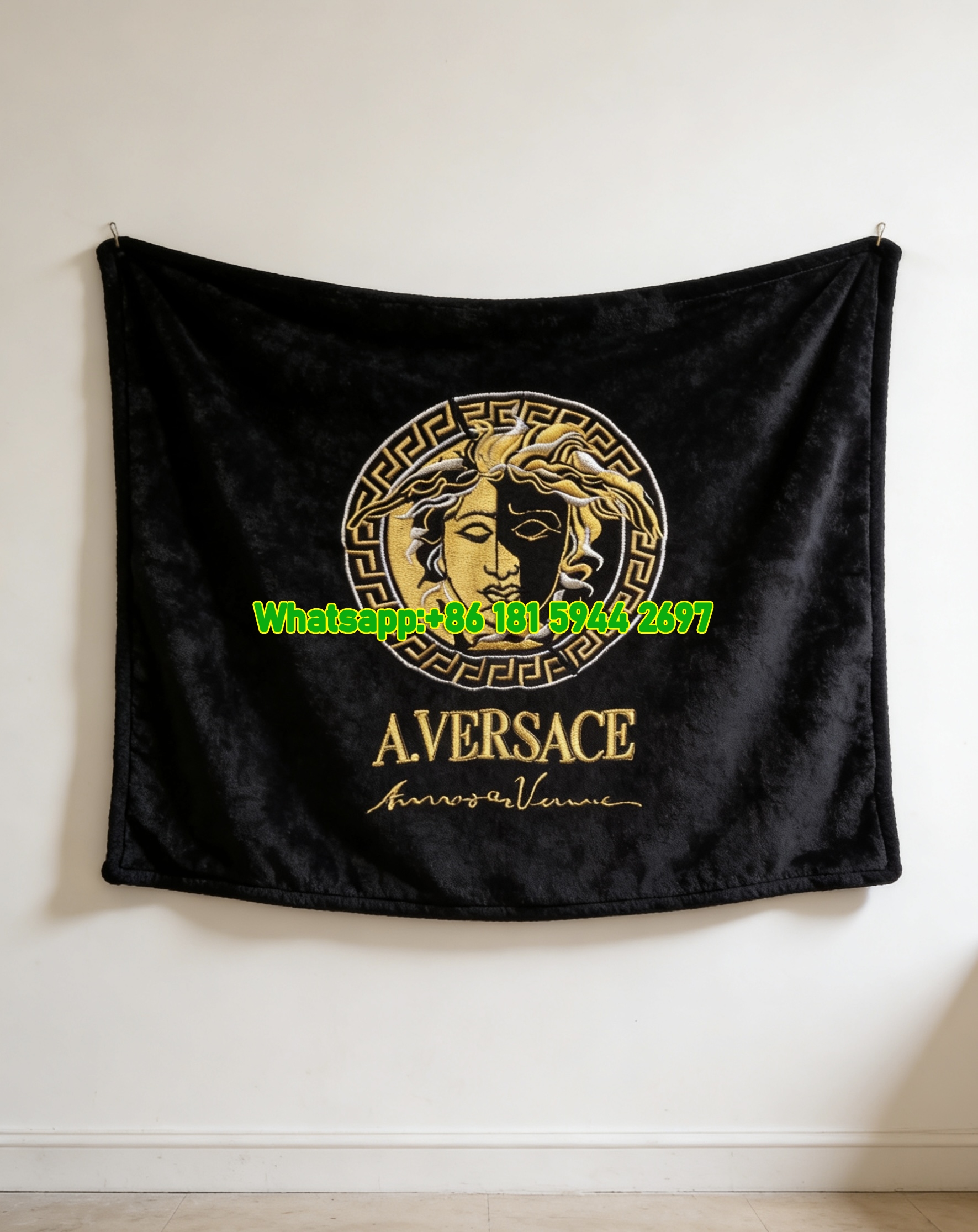 Versace Black Gold White Split Medusa Greek Key Embroidered Print Flannel Sofa Throw Blanket IMG_1297